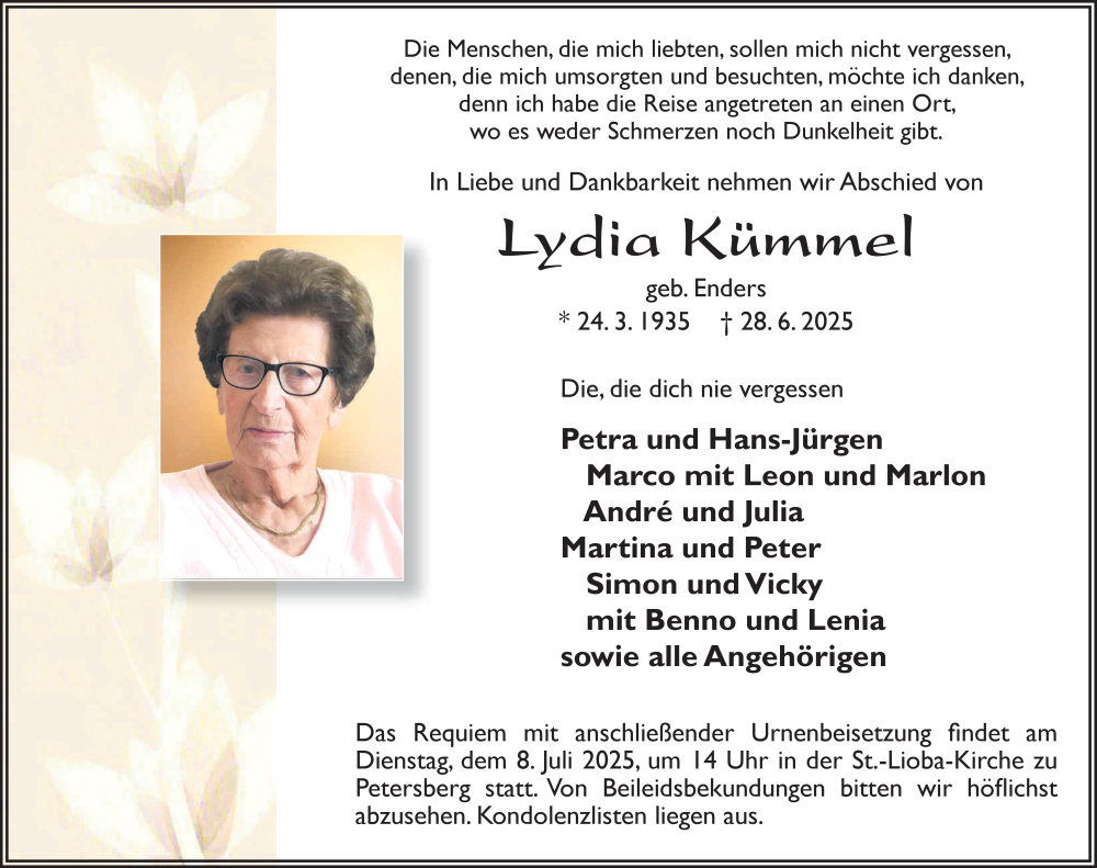  Traueranzeige für Lydia Kümmel vom 05.07.2025 aus FZ