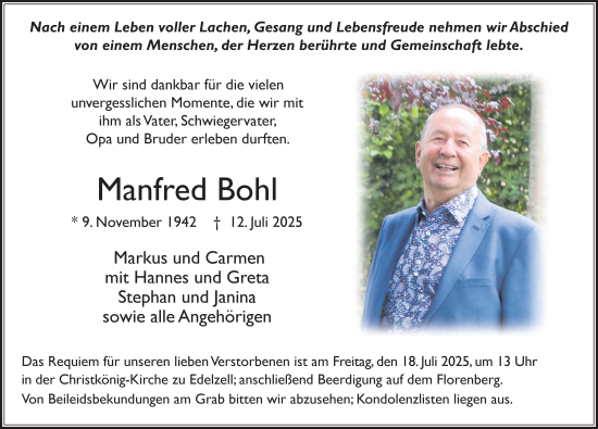Traueranzeige von Manfred Bohl von FZ