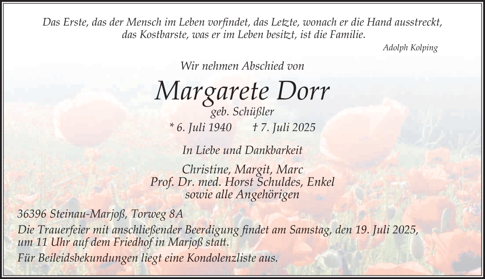  Traueranzeige für Margarete Dorr vom 17.07.2025 aus FZ