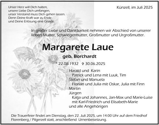 Traueranzeige von Margarete Laue von FZ