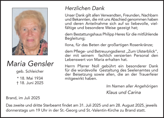 Traueranzeige von Maria Gensler von FZ