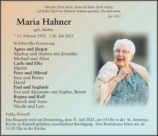 Traueranzeige von Maria Hahner von FZ