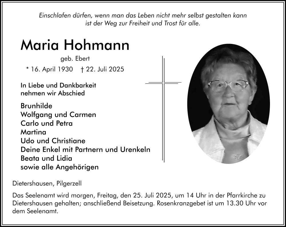  Traueranzeige für Maria Hohmann vom 24.07.2025 aus FZ