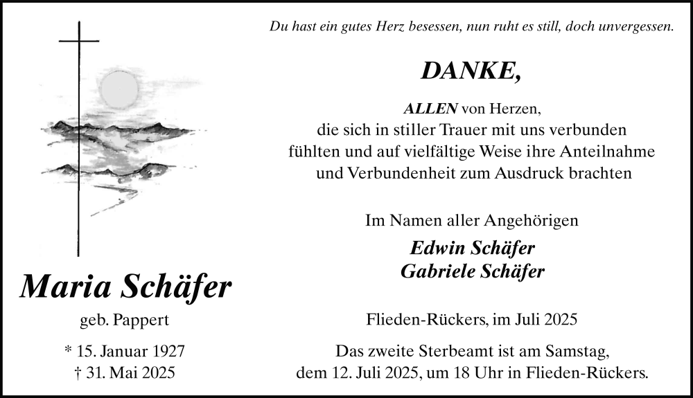  Traueranzeige für Maria Schäfer vom 12.07.2025 aus FZ