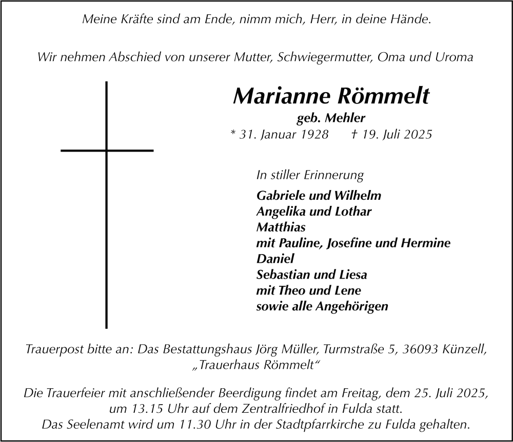  Traueranzeige für Marianne Römmelt vom 23.07.2025 aus FZ