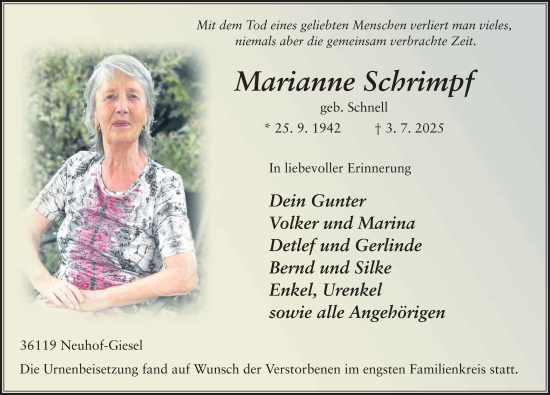 Traueranzeige von Marianne Schrimpf von FZ