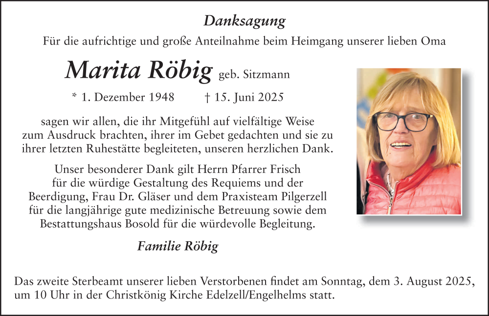  Traueranzeige für Marita Röbig vom 30.07.2025 aus FZ