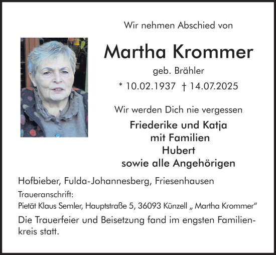Traueranzeige von Martha Krommer von FZ