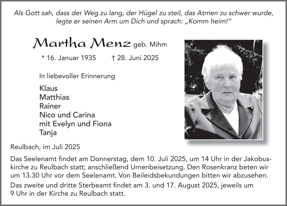  Traueranzeige für Martha Menz vom 08.07.2025 aus FZ