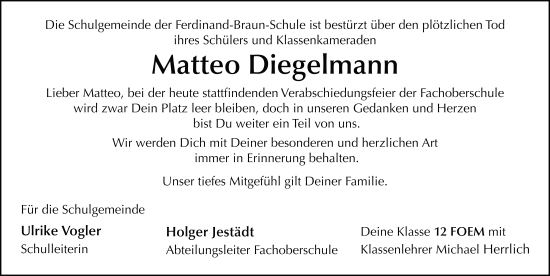 Traueranzeige von Matteo Diegelmann von FZ