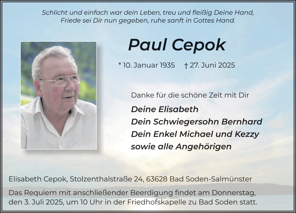  Traueranzeige für Paul Cepok vom 02.07.2025 aus FZ