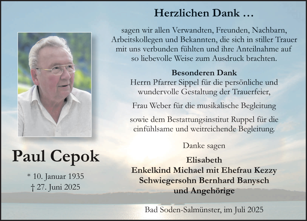  Traueranzeige für Paul Cepok vom 19.07.2025 aus FZ