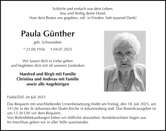 Traueranzeige von Paula Günther von FZ