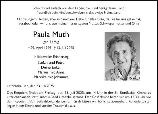 Traueranzeige von Paula Muth von FZ