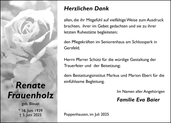 Traueranzeige von Renate Frauenholz von FZ