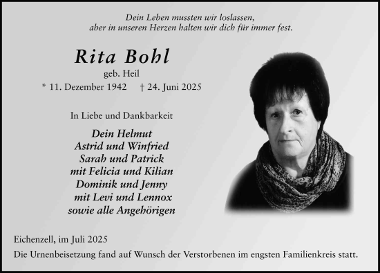Traueranzeige von Rita Bohl von FZ