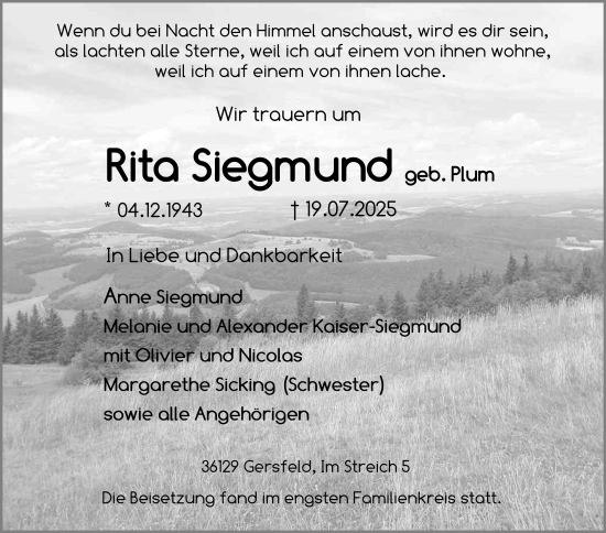 Traueranzeige von Rita Siegmund von FZ