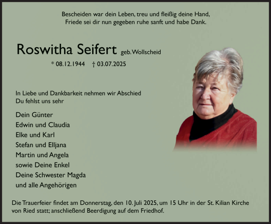 Traueranzeige von Roswitha Seifert von FZ