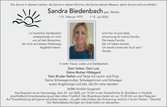 Traueranzeige von Sandra Biedenbach von FZ