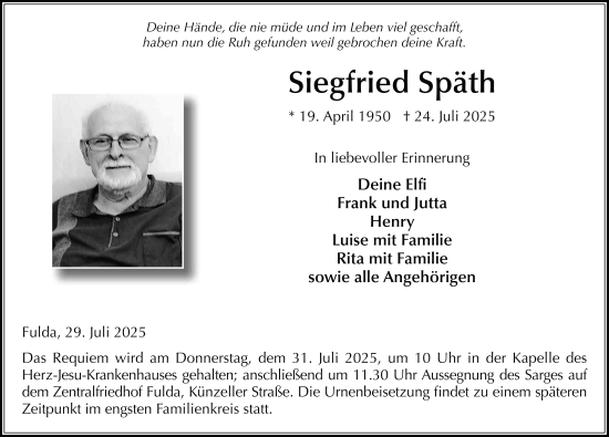 Traueranzeige von Siegfried Späth von FZ
