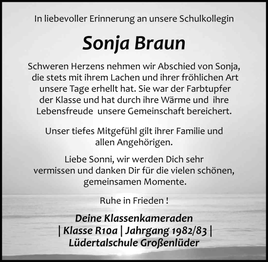 Traueranzeige von Sonja Braun von FZ