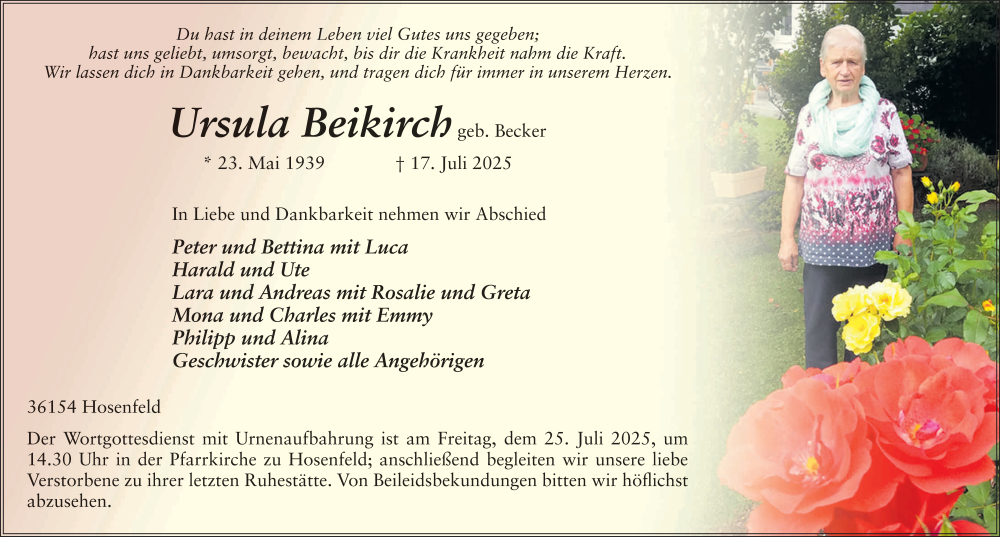 Traueranzeige für Ursula Beikirch vom 22.07.2025 aus FZ