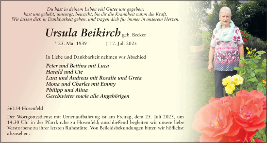 Traueranzeige von Ursula Beikirch von FZ