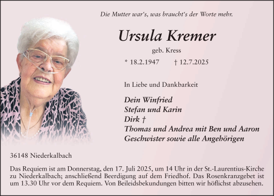 Traueranzeige von Ursula Kremer von FZ