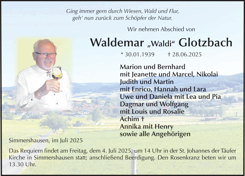  Traueranzeige für Waldemar Glotzbach vom 02.07.2025 aus FZ