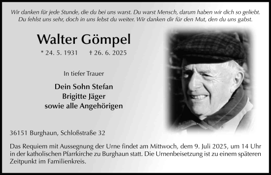 Traueranzeige von Walter Gömpel von FZ