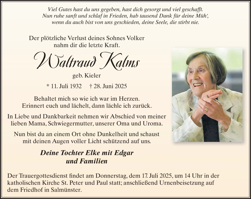  Traueranzeige für Waltraud Kalms vom 05.07.2025 aus FZ