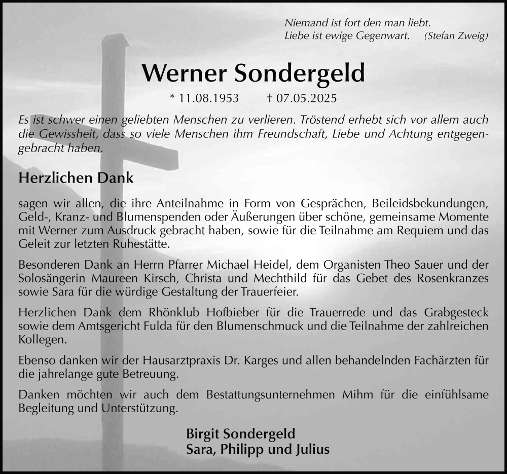  Traueranzeige für Werner Sondergeld vom 04.07.2025 aus FZ