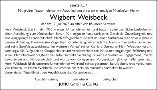 Traueranzeige von Wigbert Weisbeck von FZ