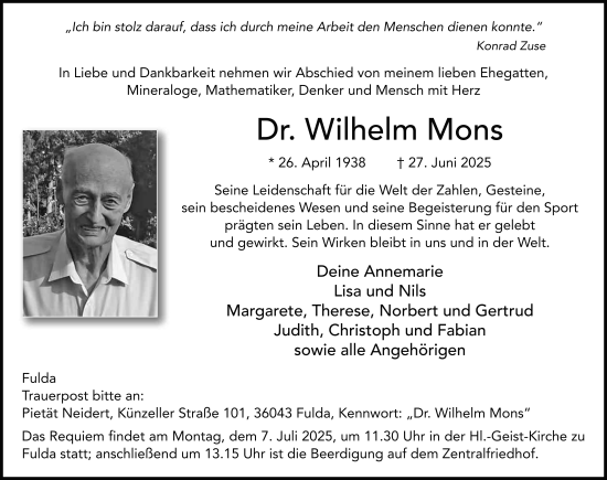 Traueranzeige von Wilhelm Mons von FZ
