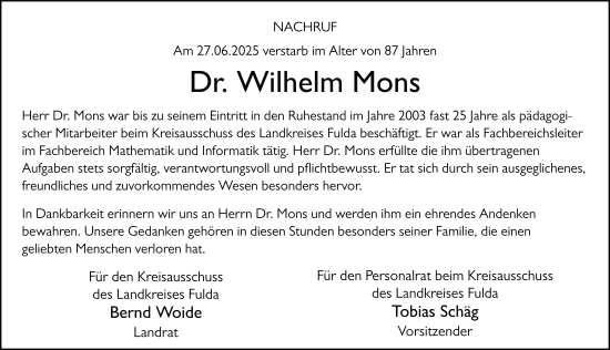 Traueranzeige von Wilhelm Mons von FZ