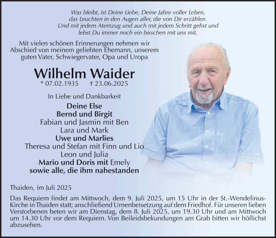 Traueranzeige von Wilhelm Waider von FZ