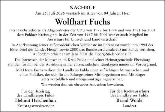 Traueranzeige von Wolfhart Fuchs von FZ