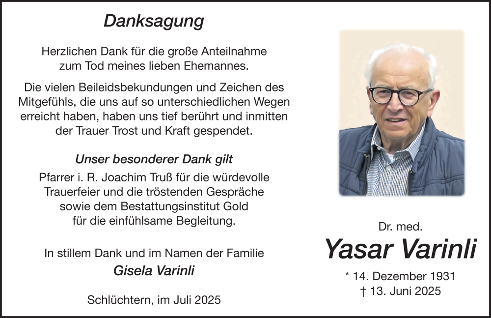  Traueranzeige für Yasar Varinli vom 26.07.2025 aus FZ