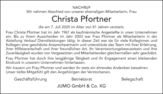 Traueranzeige von Christa Pfortner von FZ