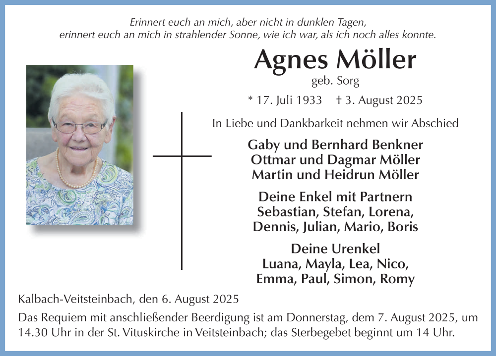  Traueranzeige für Agnes Möller vom 06.08.2025 aus FZ