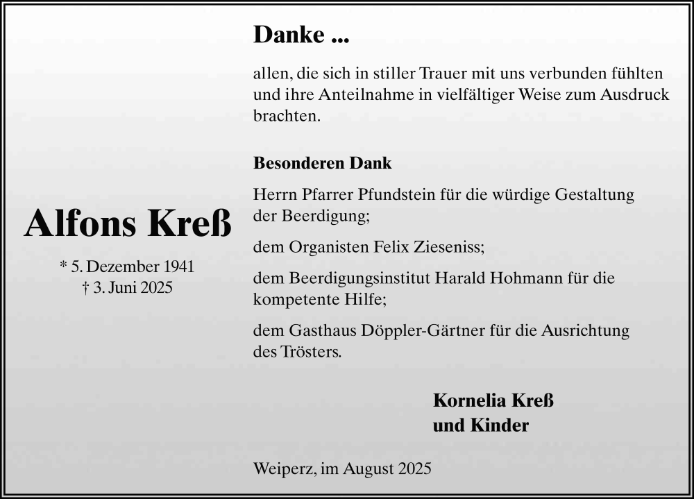  Traueranzeige für Alfons Kreß vom 02.08.2025 aus FZ