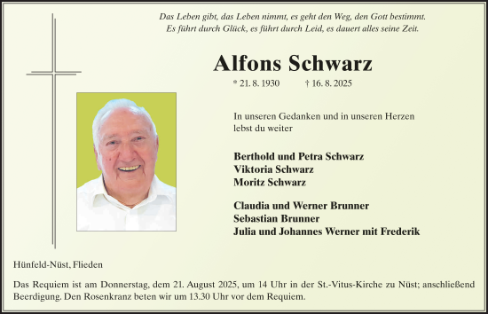 Traueranzeige von Alfons Schwarz von FZ