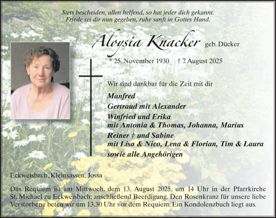 Traueranzeige von Aloysia Knacker von FZ