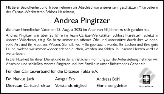 Traueranzeige von Andrea Pingitzer von FZ