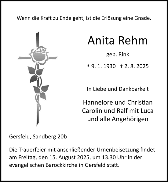 Traueranzeige von Anita Rehm von FZ