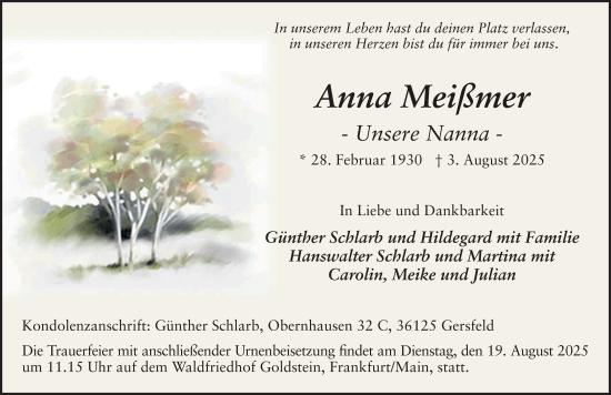 Traueranzeige von Anna Meißmer von FZ