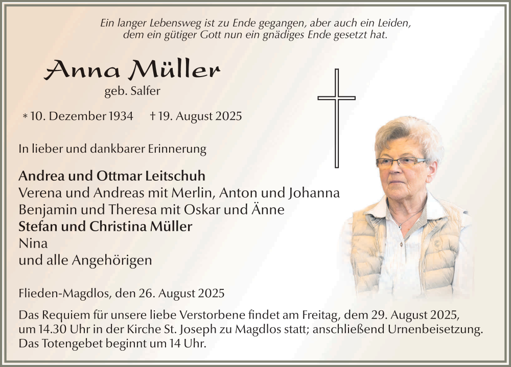  Traueranzeige für Anna Müller vom 26.08.2025 aus FZ