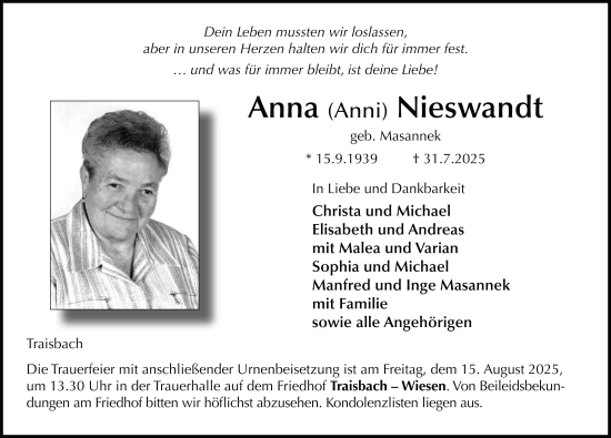 Traueranzeige von Anna Nieswandt von FZ