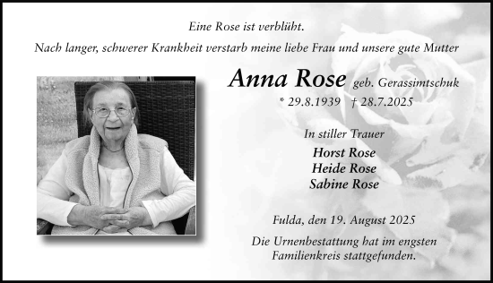 Traueranzeige von Anna Rose von FZ