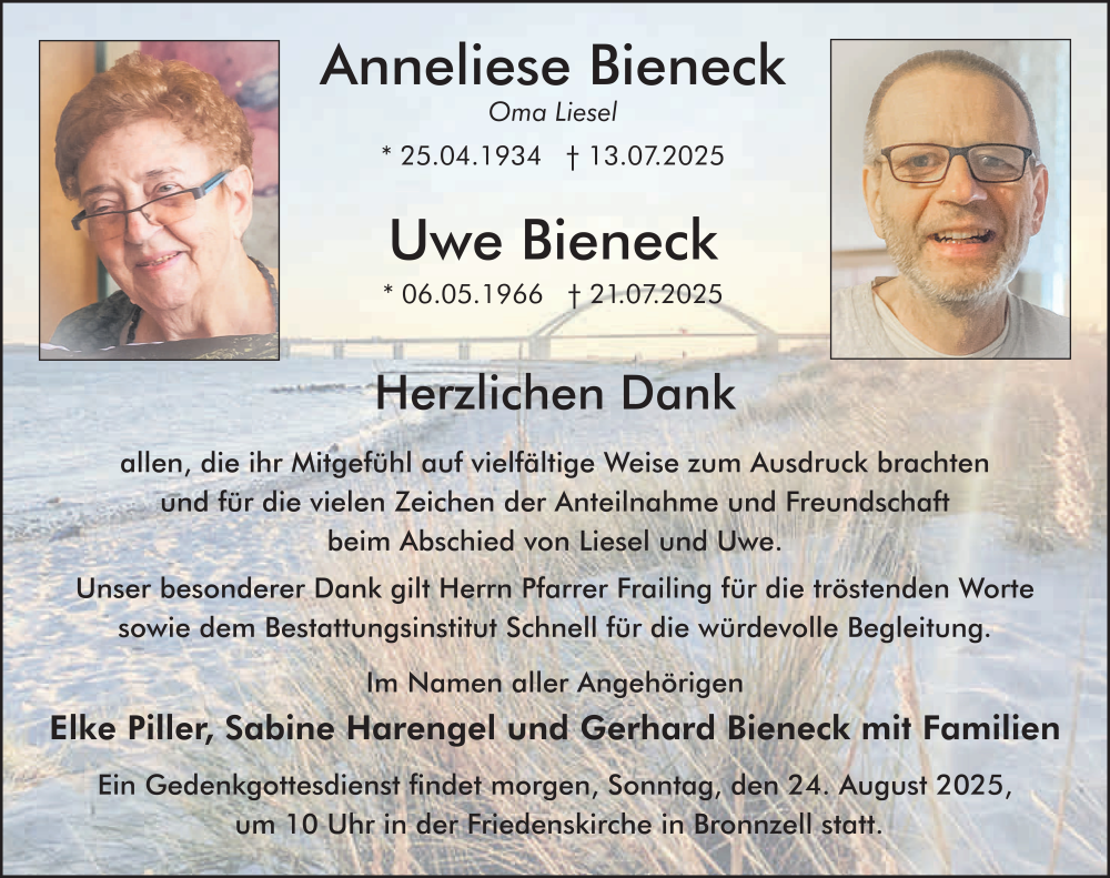  Traueranzeige für Anneliese Bieneck vom 23.08.2025 aus FZ